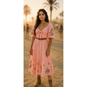 Wayward Fancies Pleated Floral Dress Maxi L pink Coquette Coachella Boho Cottage